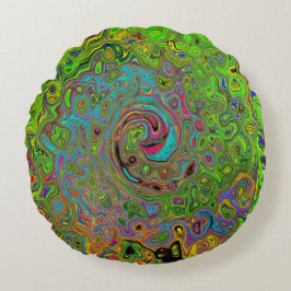 Groovy Abstract Retro Lime Green en Blue Swirl Rond Kussen
