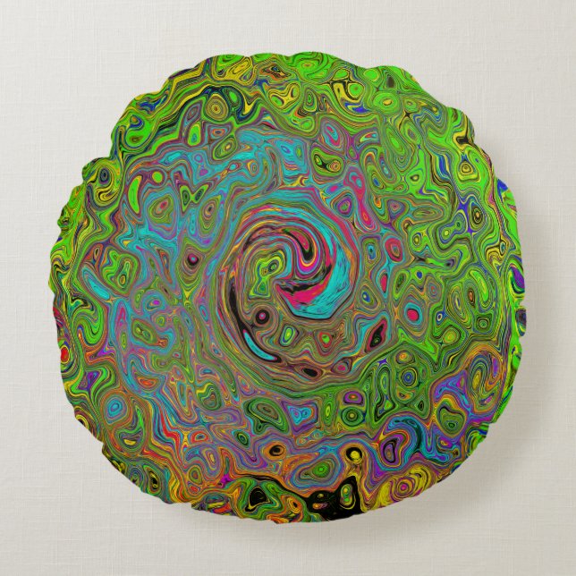 Groovy Abstract Retro Lime Green en Blue Swirl Rond Kussen (Voorkant)