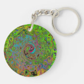 Groovy Abstract Retro Lime Green en Blue Swirl Sleutelhanger (Achterkant)