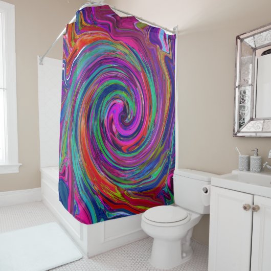 Groovy Abstract Retro Magenta Dark Rainbow Swirl Douchegordijn (In situ)