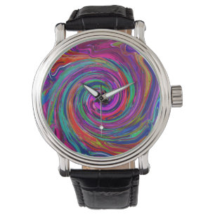 Groovy Abstract Retro Magenta Dark Rainbow Swirl Horloge