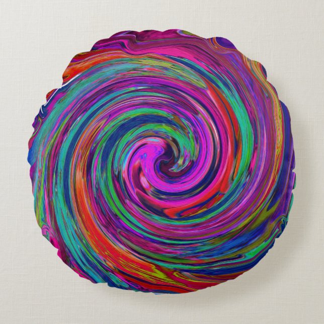 Groovy Abstract Retro Magenta Dark Rainbow Swirl Rond Kussen (Voorkant)