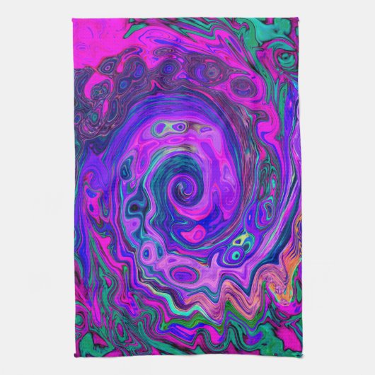Groovy Abstract Retro Magenta en Paars Swirl Theedoek (Verticaal)