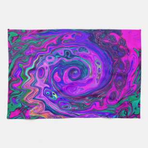 Groovy Abstract Retro Magenta en Paarse Draaikolk Theedoek