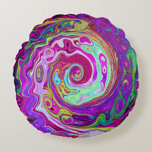 Groovy Abstract Retro Magenta Rainbow Swirl Rond Kussen (Voorkant)