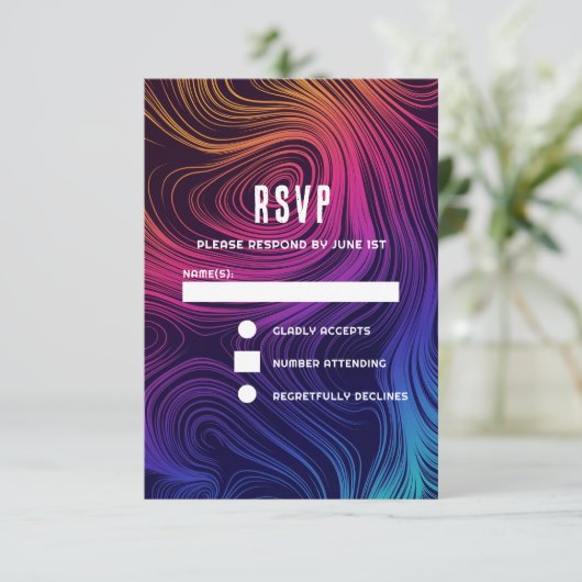Groovy Abstracte Swirls en Cirkels Cool Wedding RSVP Kaartje (Staand voorkant)
