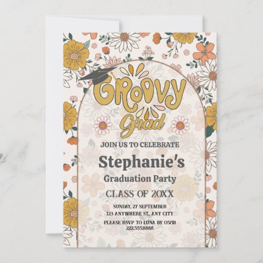 Groovy Afstudeerder: Far Out Afstuderen Invitation Kaart (Voorkant)