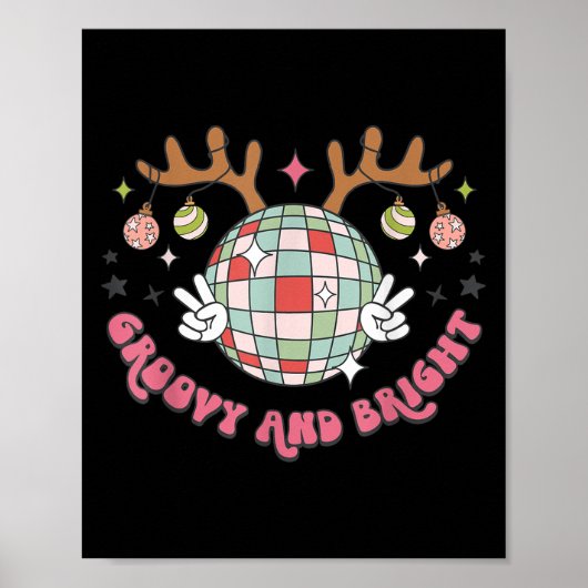 Groovy And Bright Merry Christmas Disco Ball Reind Poster (Voorkant)