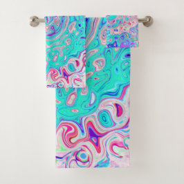 Groovy Aqua Blue en roze Abstract Retro Swirl Bad Handdoek