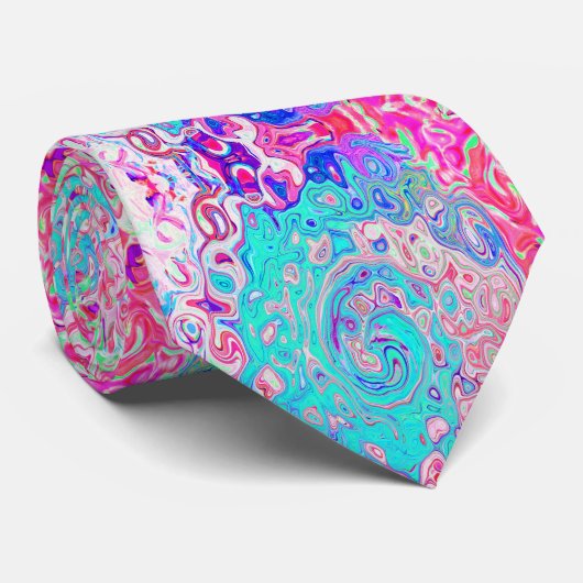 Groovy Aqua Blue en roze Abstract Retro Swirl Stropdas (Opgerold)