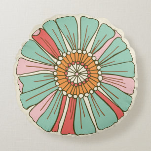 Groovy Aqua & Roze Retro Bloem Rond Kussen