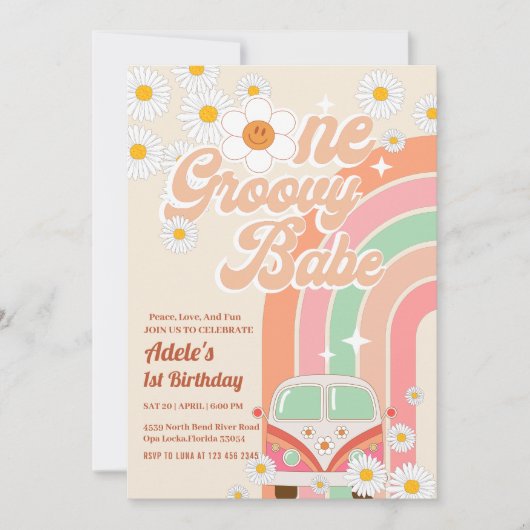 Groovy Babe Pink Van Daisy Rainbow 1e verjaardag Kaart (Voorkant)