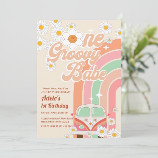 Groovy Babe Pink Van Daisy Rainbow 1e verjaardag Kaart (Staand voorkant)