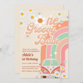 Groovy Babe Pink Van Daisy Rainbow 1e verjaardag Kaart (Voorkant / Achterkant)