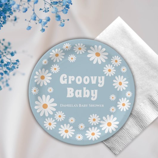 Groovy Baby Boy Daisy 70s Retro Baby shower Papieren Bordje