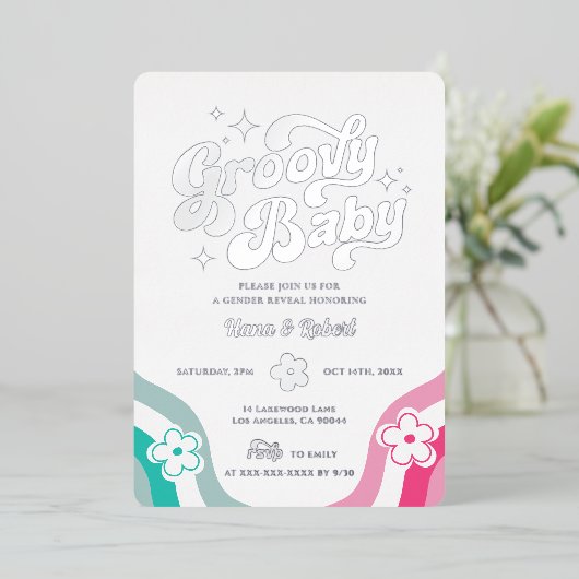 Groovy Baby Gender onthulling Folie Uitnodiging (Staand Voorkant)