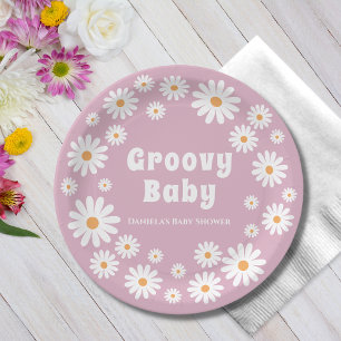 Groovy Baby Meisje Roze Daisy 70s Retro Baby showe Papieren Bordje