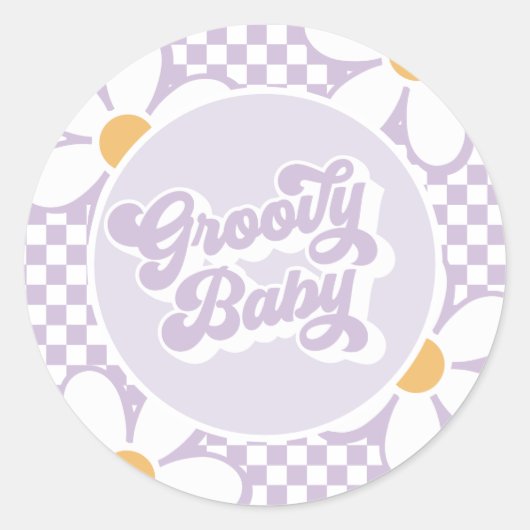 Groovy Baby Paarse Daisy Checker Ronde Sticker (Voorkant)