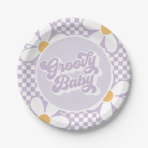 Groovy Baby Paarse Madeliefjes Checker Papieren Bordje