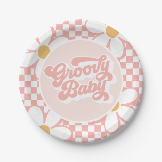 Groovy Baby Pink Daisy Checker Papieren Bordje (Voorkant)