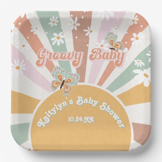 Groovy Baby Retro 70s Hippie Sunshine Daisies Papieren Bordje (Voorkant)