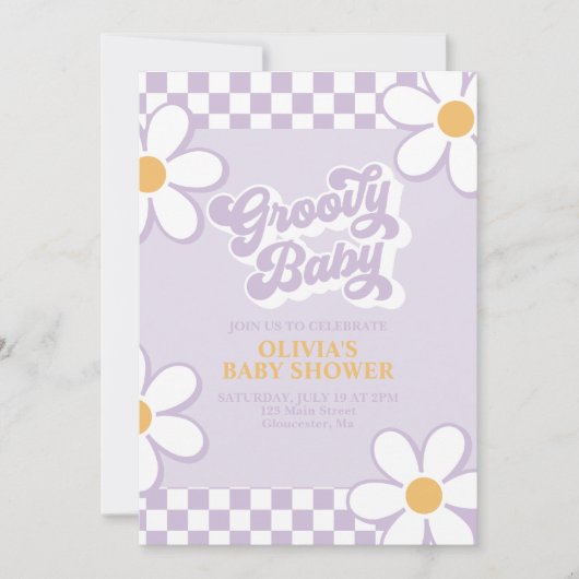 Groovy Baby Retro Check Paarse Daisy Kaart (Voorkant)