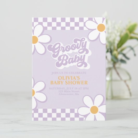 Groovy Baby Retro Check Paarse Daisy Kaart (Staand voorkant)