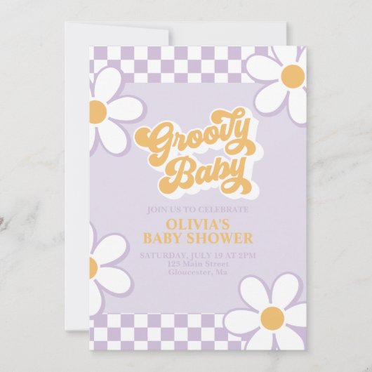 Groovy Baby Retro Check Paarse Margriet Kaart (Voorkant)