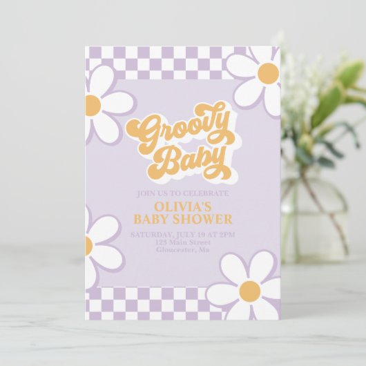Groovy Baby Retro Check Paarse Margriet Kaart (Staand voorkant)