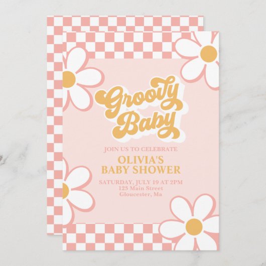 Groovy Baby Retro Check Pink Daisy Kaart (Voorkant / Achterkant)