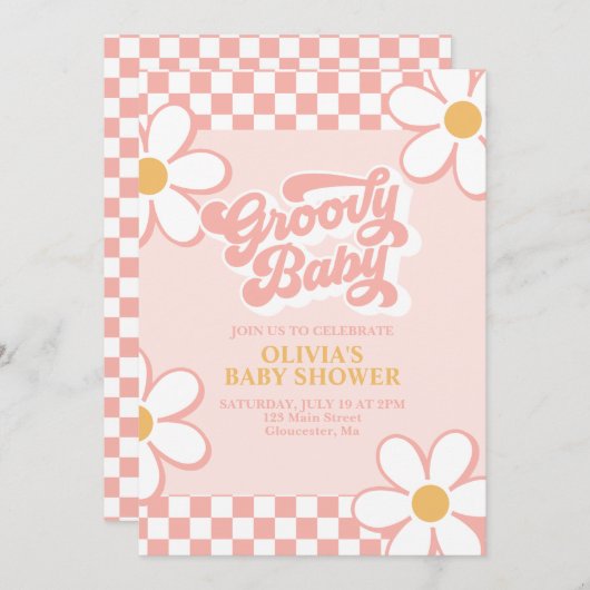Groovy Baby Retro Check Roze Madeliefje Kaart (Voorkant / Achterkant)