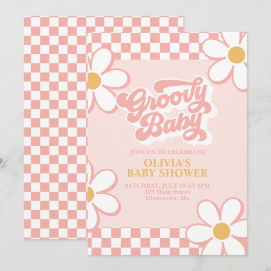 Groovy Baby Retro Check Roze Margriet Kaart (Voorkant / Achterkant)