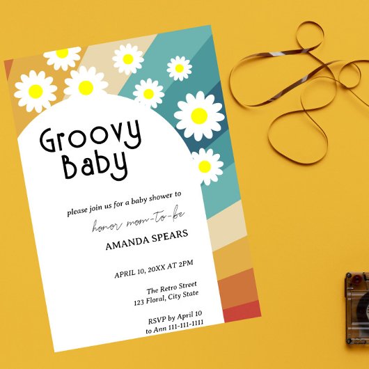 Groovy Baby Retro Daisy Baby shower Kaart