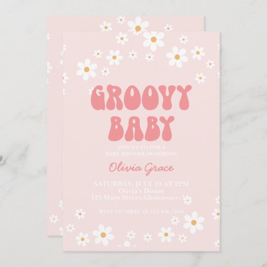 Groovy Baby Retro daisy boho floral Invitation Kaart (Voorkant / Achterkant)