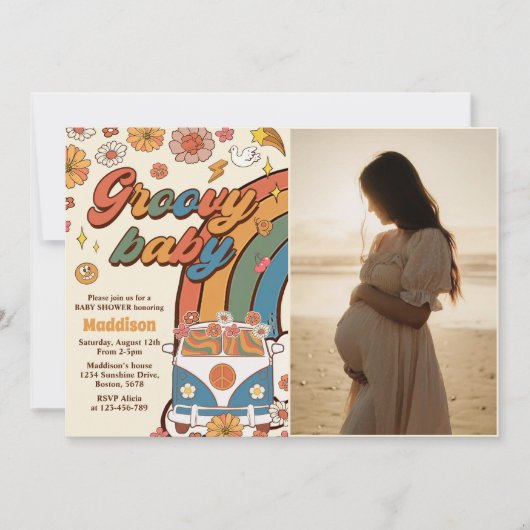 Groovy Baby Retro Rainbow Baby shower Foto Kaart (Voorkant)