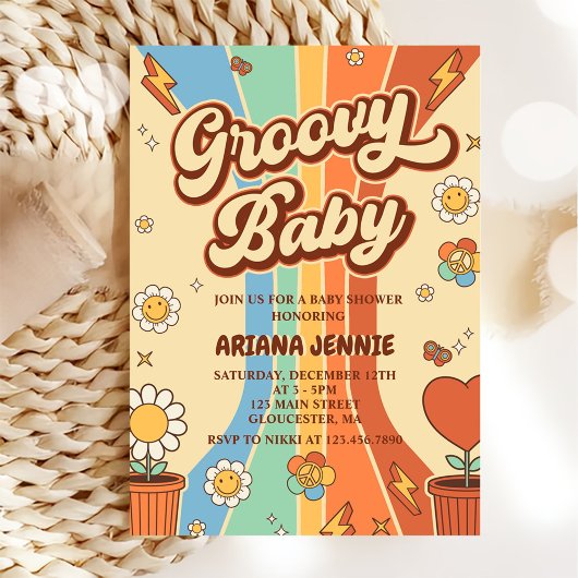 Groovy Baby Retro Rainbow Baby shower Party Kaart