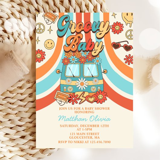 Groovy Baby Retro Rainbow Baby shower Party Kaart