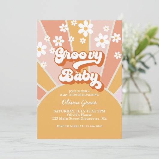 Groovy Baby Retro Sunshine Daisy Baby shower Invit Kaart (Staand voorkant)