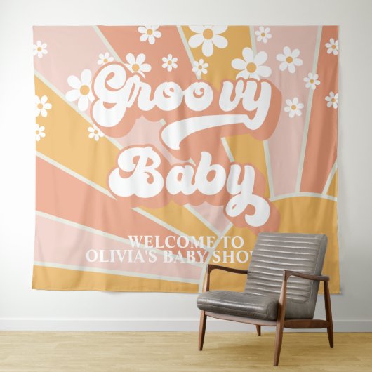 Groovy Baby Retro Sunshine Daisy Baby Shower Spand Wandkleed (In Situ (horizontaal))