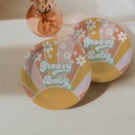 Groovy Baby Retro Zonneschijn Hippie Baby Shower Papieren Bordje