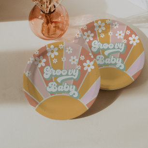 Groovy Baby Retro Zonneschijn Hippie Baby Shower Papieren Bordje