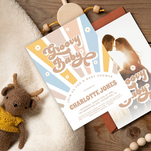 Groovy Baby Roze Retro Daisies Foto Baby shower Kaart