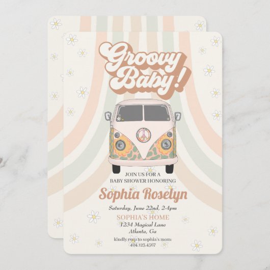Groovy baby shower, 70s retro-themauitnodiging (Voorkant / Achterkant)