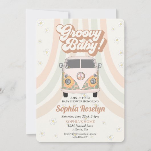 Groovy baby shower, 70s retro-themauitnodiging (Voorkant)