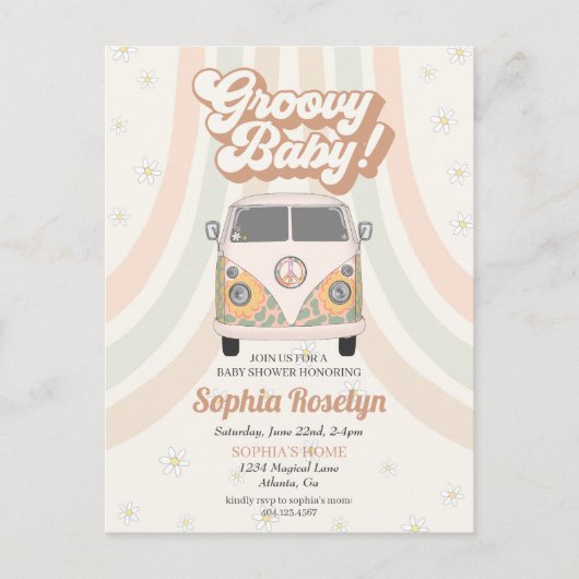 Groovy baby shower, 70s retro-themauitnodiging briefkaart (Voorkant)