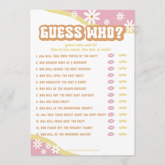 Groovy Baby shower Games, Boho Retro, 70's Vibe Menu (Voorkant)