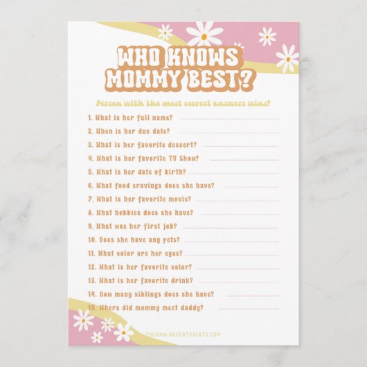 Groovy Baby shower Games, Boho Retro, 70's Vibe Menu (Voorkant)