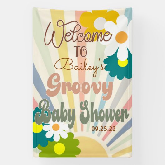 Groovy Baby shower, Retro Baby shower, Baby, banne Spandoek (Verticaal)