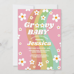 Groovy Baby shower Roze Meisjes Retro Regenboog ja Kaart