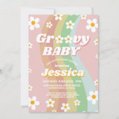 Groovy Baby shower Roze Meisjes Retro Regenboog ja Kaart (Voorkant)